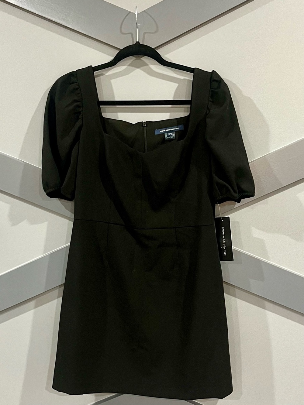French Connection Black Square Neck Puff Sleeve Mini Dress